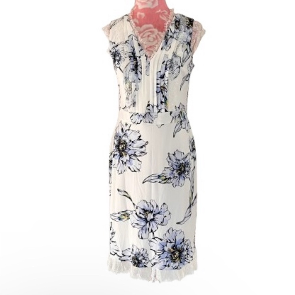 Karl Lagerfeld Ivory Midi Dress with Blue Floral Motif